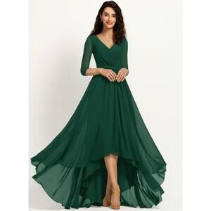 JJ's House Hunter Green Chiffon V Neck Pleated Hi-lo Bridesmaid Formal Gown Sz 6